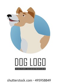 Dog vector logo in flat style. Fox terrier bust in the blue circle illustration for pet shop, breed club logotype, app icon, animal infogpaphics elements, web design. Isolated on white background