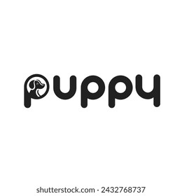 Dog vector logo, logo illustration of a dog's head inside the letter puppy on a white background.