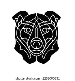 Diseño de mascota del logo del vector del perro. Diseño plano. Cabeza de oso con líneas geométricas en su rostro, blanco y negro, sobre fondo blanco