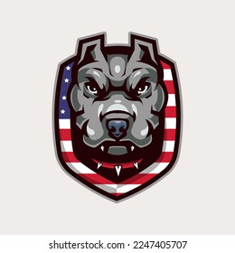 dog vector mascot logo design with modern illustration concept style for badge, emblem and tshirt printing. angry pit bull illustration with a necklace around the neck and shield american flag