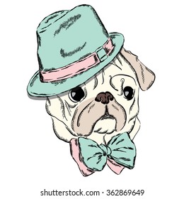 Dog vector. Pug wearing a hat and tie. Vector illustration for greeting card, poster, or print on clothes.