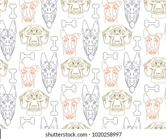 Dog vector seamless pattern cute illustration home pets doggy different breed. Modern vector plain line design icons and pictograms. Spaniel, bulldog, chihuahua,  jack russel terrier, yorkshire.