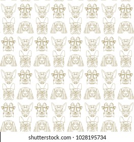 Dog vector seamless pattern cute illustration home pets doggy different breed. Modern vector plain line design icons and pictograms. Spaniel, bulldog, chihuahua, yorkshire terrier on white background.