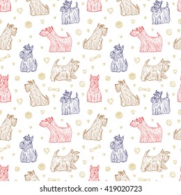 Dog Vector Seamless pattern. Hand Drawn Doodle Scottish Terriers. Pets. Dogs. Scottish Terrier