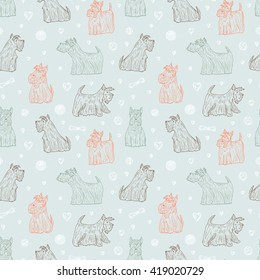 Dog Vector Seamless pattern. Hand Drawn Doodle Scottish Terriers. Pets. Dogs. Scottish Terrier