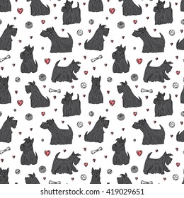 Dog Vector Seamless pattern. Hand Drawn Doodle Scottish Terriers. Pets. Dogs. Black Scottish Terrier