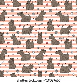 Dog Vector Seamless pattern. Hand Drawn Doodle Scottish Terrier. Pets. Dogs. Black Scottish Terriers on a pink striped background