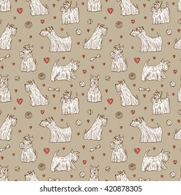Dog Vector Seamless pattern. Hand Drawn Doodle Scottish Terriers. Pets. Dogs. White Scottish Terrier