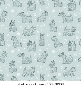 Dog Vector Seamless pattern. Hand Drawn Doodle Scottish Terriers. Pets. Dogs. Scottish Terrier