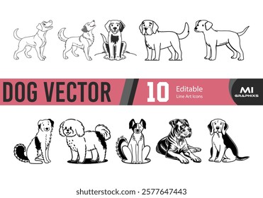 Dog Vector Set | 10 Editable Line Art Icons | Pet Illustrations.