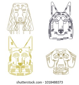 Dog vector set cute  illustration home pets doggy different breed. Husky, Labrador, German Shepherd. golden labrador Modern vector plain line design icons. Dog logo.