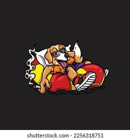 dog vector smoking joint hold nug weed cartoon relax on beach