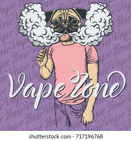 Dog vector vape concept. Dog smoking or vaping an electronic cigarette, in human suit. With inscription vape zone