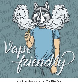 Dog vector vape concept. Dog smoking or vaping an electronic cigarette, in human suit. With inscription vape friendly