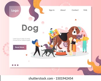 Dog vector website template, web page and landing page design for website and mobile site development. Pet shop composition with dog food, supplies and characters sellers, pet owners with puppies.