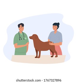 A dog at vet appointment. Owner with domestic animal - vaccination, vet passport, rehabilitation, sterilization. Labrador getting medical check-up. Pet care. Flat vector cartoon illustration. 