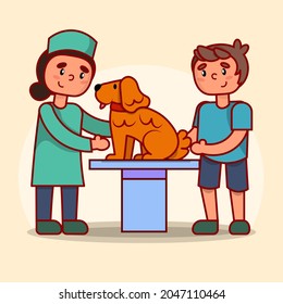 Dog in vet clinic. A boy brought his dog in vet clinic. Vet doctor is checking dog's health. Love animals. Take care of pets. Flat vector illustration.