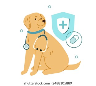 Dog as veterinarian doctor with stethoscope in vet clinic. Veterinary medicine and pets care concept. Vector illustration.