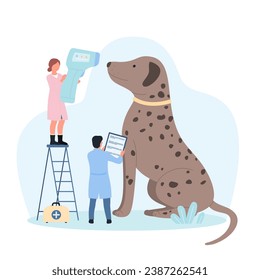 Dog at veterinarians appointment in vet clinic vector illustration. Cartoon tiny doctors with medical infrared thermometer scanner check puppy body temperature, characters examine pet in hospital