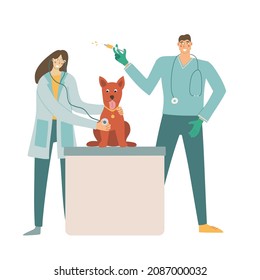A dog in a veterinary clinic. Vet examination and vaccination, vector illustration
