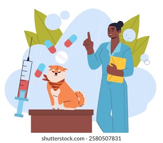 Dog in veterinary clinic. Woman in medical uniform with dog near syringe and pills. Diagnosis and treatment. Care about domestic animals and pets. Flat vector illustration