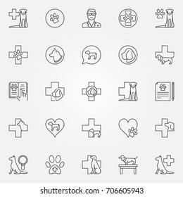 Dog veterinary icons set. Vector veterinary clinic and dog hospital concept signs or design elements in thin line style