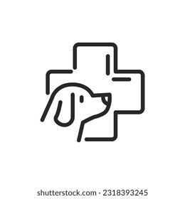 Dog Veterinary Service Icon. Vector Outline Editable Sign of Veterinary or Canine Care Services for Dogs. Illustration of Dog in Front of a Health Cross