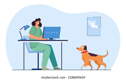 Clínica veterinaria de visita de perros ilustración vectorial plana. Viste con uniforme médico sentado en la mesa, preparándote para examinar a una mascota. Concepto de asistencia sanitaria para banner, diseño de sitios web o página web de aterrizaje