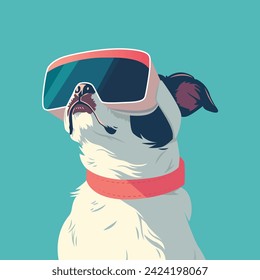 Perro con gafas VR. Fondo azul sólido