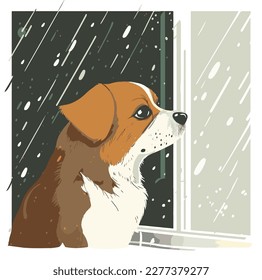 Dog waiting by window in house at night  Sad dog stay alone at home  Vector