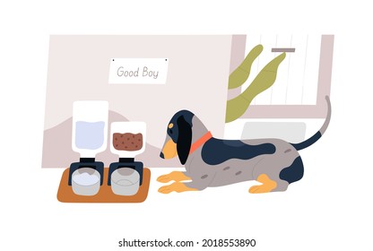 Dog waiting for food from automatic smart feeder. Cute pet with electronic water and feed dispensers at home. Doggy and canine bowls with automative filling. Flat vector illustration isolated on white