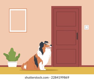 Dog is waiting for his master at apartment door. Pet is sitting in hallway room. Devoted canine cute funny purebred animal. Adorable collie, cartoon flat illustration. Vector concept