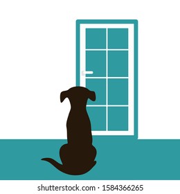 The Dog Is Waiting For The Owner At The Door Vector Illustration