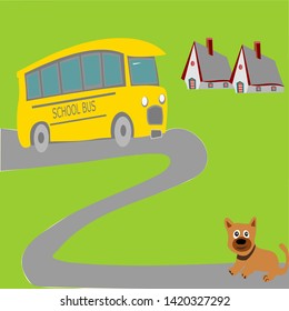 Dog Waiting For The School Bus Vector Illustration