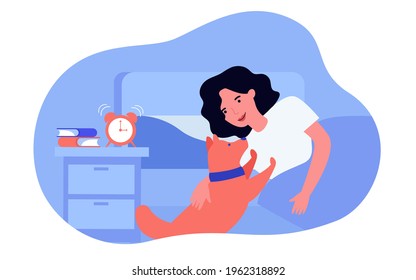 Dog waking owner up in morning. Woman stroking pet, alarm clock buzzing on bedside table flat vector illustration. Pets, domestic animals concept for banner, website design or landing web page