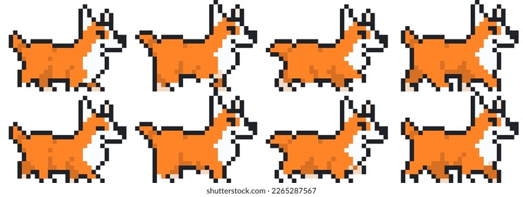 Dog walk cycle animation 8 bit pixel art. Cartoon animate frame by frame, sprite sheet for video game, vector illustration isolated on white background.