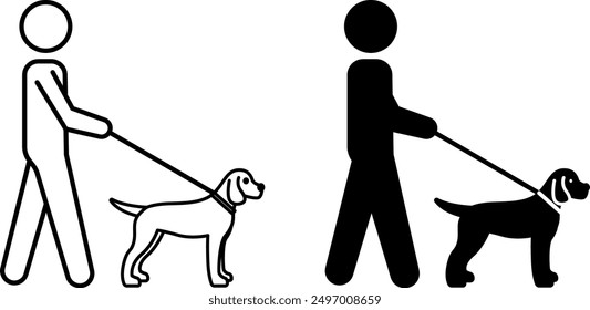 Dog Walk Icons. Black and White Vector Icons. Man Walking Animal on Leash. Pet Concept