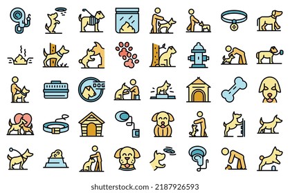 Dog walk icons set outline vector. Pet owner. Animal leash