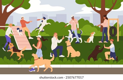 Dog walk park. Pup play. People training pets to run and jump. City canine playground. Happy owners together with animals. Puppy toy. Activity command. Doggy agility simulators. Vector cartoon concept