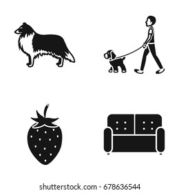A dog, a walk with a puppy and other web icon in black style. a strawberry, a sofa icons in set collection.