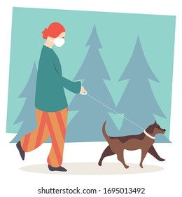 Dog walker during coronavirus quarantine. Woman walking a dog in white medical mask, trees in background. Concept of quarantine activity. Vector illustration on transparent background. EPS 10.