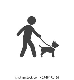 Dog walker figure. Man holding a canine. Domestic pet activity. Veterinary visit avatar sign. Flat color black and white. Vector illustration.