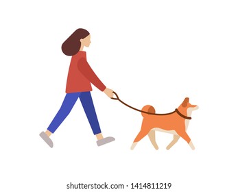 Dog walker. Girl walking with a dog. Flat illustration