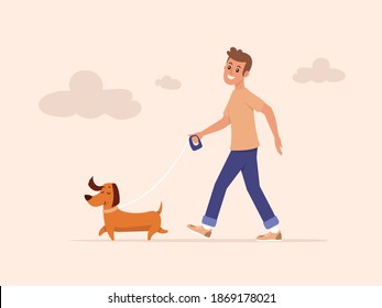 Dog walker. A happy young guy walking a cute dachshund puppy vector flat illustration