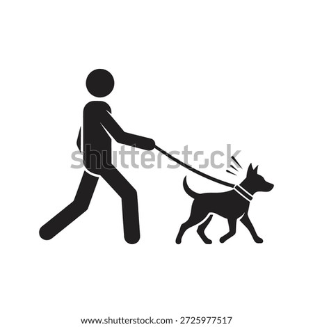 Dog walker icon leading pet animal on leash for canine care puppy lifestyle obedience strolling and friendship park companion walking