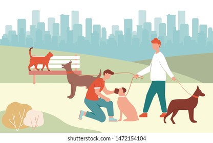 Dog Walker Job. Cartoon Man Walk In Park Holding Leash In Hand. Boy Pet Boxer In Collar Vector Illustration. Doberman Bark At Cat On Bench. Doggy Play Outdoors. Animal Love, Care, Training