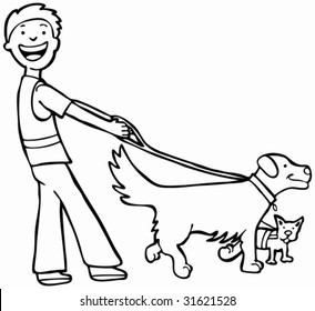 Dog Walker Line Art: Man walking two dogs.