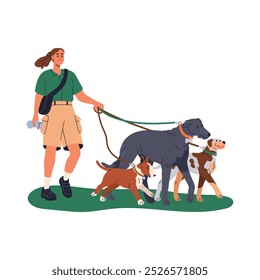 Dog Walker with Multiple Pets in the Park. A person walking a group of dogs on leashes in a grassy area during the day