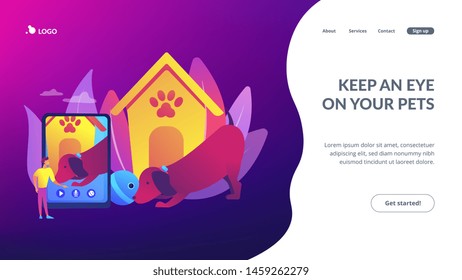 Dog walker and petsitter application on smartphone. Robotic pet sitters, interactive pets entertainment, keep an eye on your pets concept. Website homepage landing web page template.