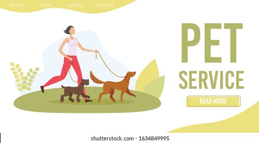 Dog Walker Service Trendy Flat Vector Web Banner, Landing Page Template. Young Woman, Teenager Girl or Student, Female Professional Walker Walking with Terrier and Retriever on Leash Illustration